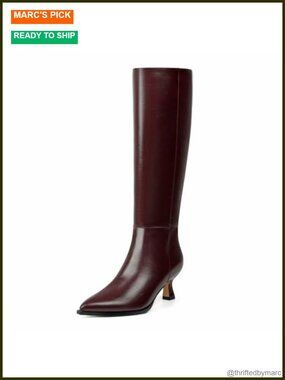 Kitten Heel Knee High Boots Pointed Toe Side Zip Faux Leather Women's